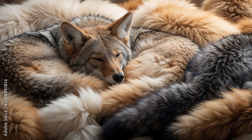 Naklejka premium Coyote rests curled up on pile of soft fur. Wild canid slepic soundly, surrounded by warm, dense animal pelts. Closeup detail shows creature serene face and fur textures.