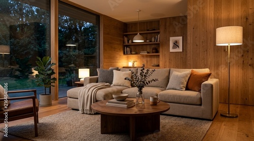 Cozy modern living room with wood paneling, large window, and sectional sofa.