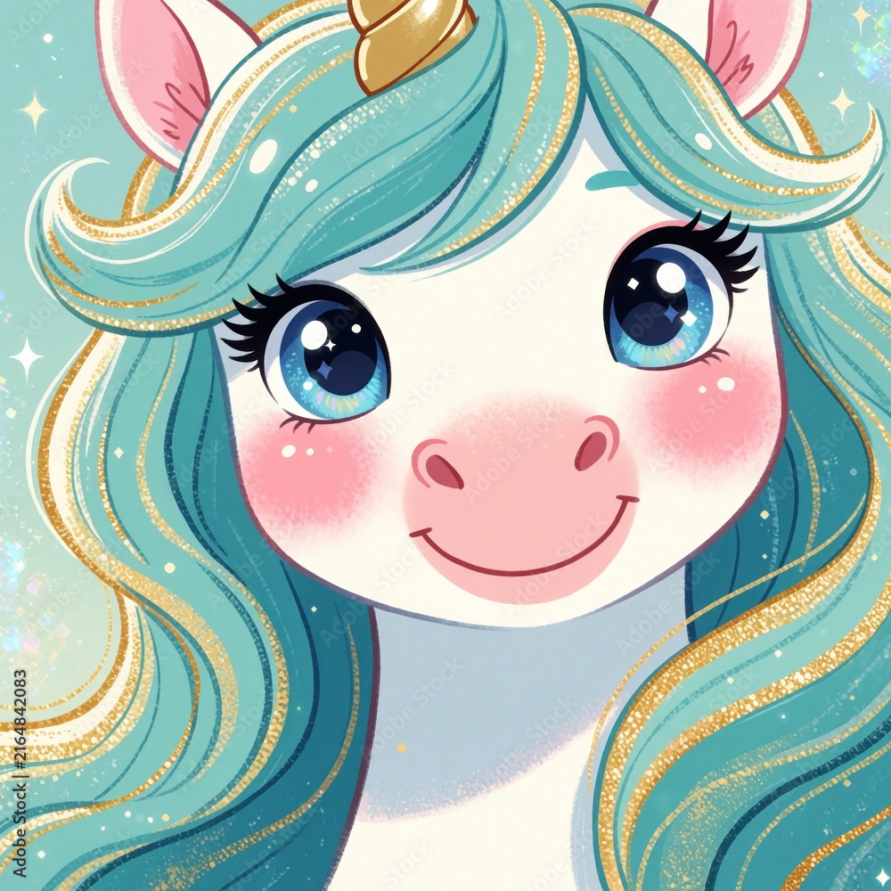 Fototapeta premium Cute whimsical unicorn face with turquoise mane, gold glitter. Magical fantasy creature large blue eyes, pink cheeks. Colorful cartoon character design for kids nursery decor children book cover.