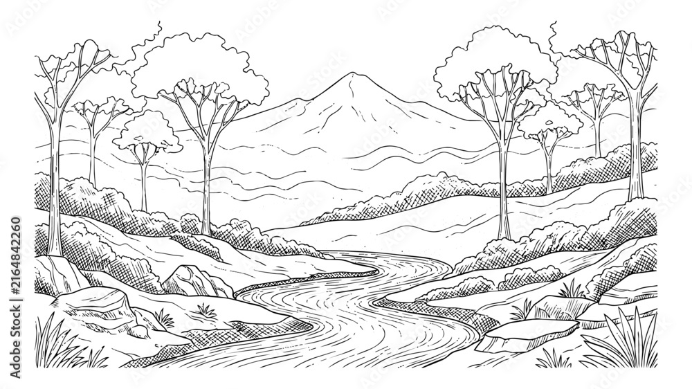 Obraz premium Scenic Nature Landscape Coloring Page, Hand-Drawn Winding River Flowing through a Forest Valley with Majestic Mountain Peak, Black and White Line Art Outline