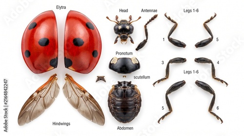 Anatomical dissection of ladybug showing elytra head legs antennae pronotum scutellum hindwings with displays disassembled parts ladybug ladybug