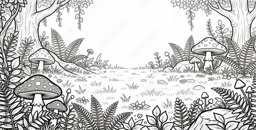 Fototapeta premium Whimsical line art depicts a magical forest scene with oversized mushrooms and ferns. This enchanting woodland setting is perfect for storybooks, fantasy art, or children coloring pages.