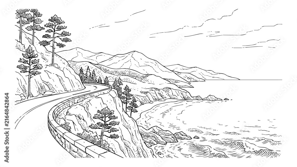 Obraz premium Scenic Coastal Highway Hand-Drawn Sketch, Winding Cliffside Road Overlooking Ocean Coastline Landscape, Pacific Coast Highway California Engraving Line Art