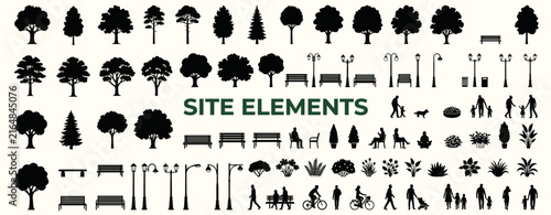 Solid black architectural landscape silhouettes for urban site plans featuring trees, benches, street lamps, garden vegetation and scale figures in a professional vector collection