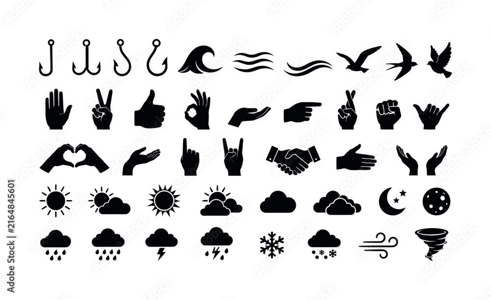 Fototapeta premium Collection of black silhouette icons representing gestures, weather, and nature elements