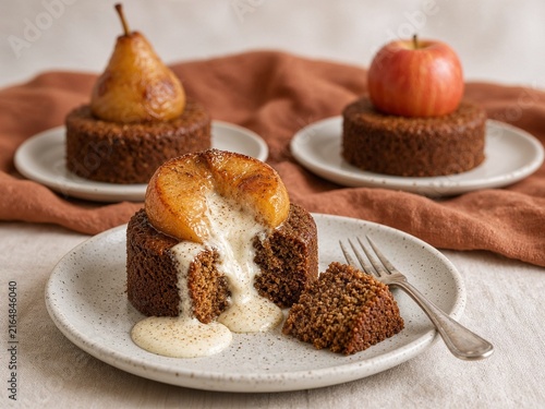 Warm spiced cake with melted center, topped with pear and apple  