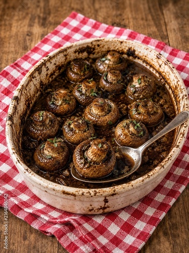 Baked mushrooms in a ceramic dish on a red checkered tablecloth  