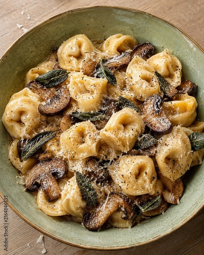Delicious tortellini with mushrooms and sage in a rustic bowl  
