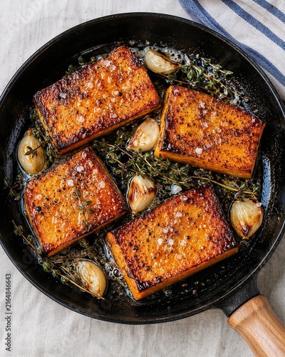 Roasted pumpkin with garlic and thyme in a skillet, healthy cooking, vibrant colors