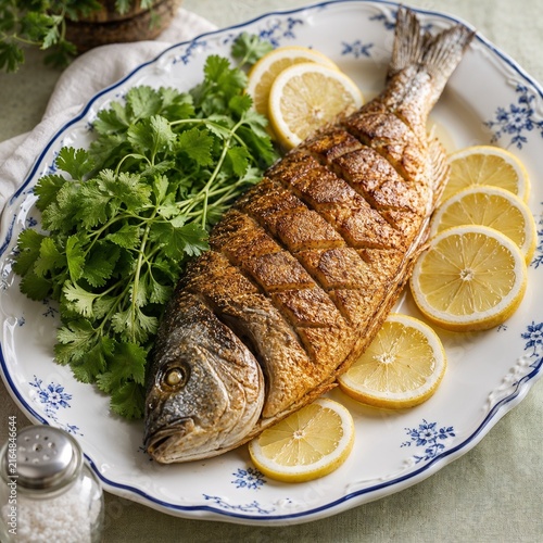 Grilled fish garnished with lemon slices and fresh cilantro on a plate  