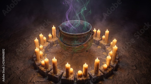 Smoking Cauldron Candle Ritual Halloween Scene in 3D Art