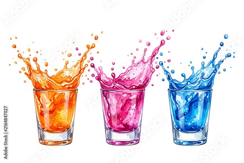 watercolor colorful splashing party shot drinks set illustration with orange pink and blue liquid in shot glasses isolated on transparent background