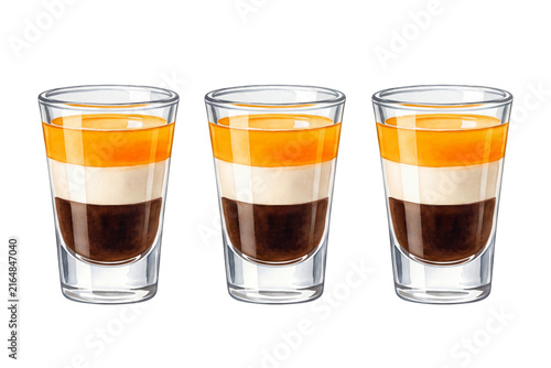 watercolor B-52 layered shooter drink set illustration with coffee cream and orange liqueur in shot glasses isolated on transparent background