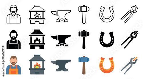 Blacksmith tools and equipment icons set in various styles, including outline, solid, and flat designs, perfect for craft and industry illustrations.