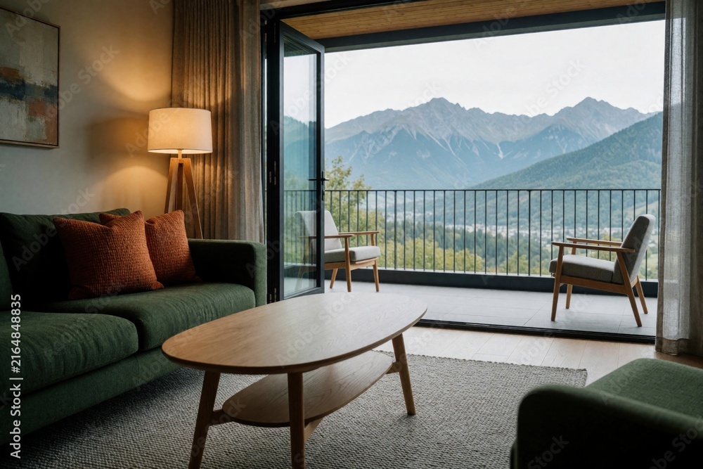 Fototapeta premium Modern living room features green sofa, wooden coffee table. Large balcony window shows epic mountain view. Two chairs sit on terrace overlooking valley. Cozy interior design with natural light