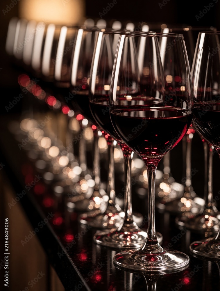 Fototapeta premium Line of red wine glasses on dark table. Elegant stemware filled with ruby liquid creates luxury mood. Soft bokeh lights add sophistication for event or tasting.