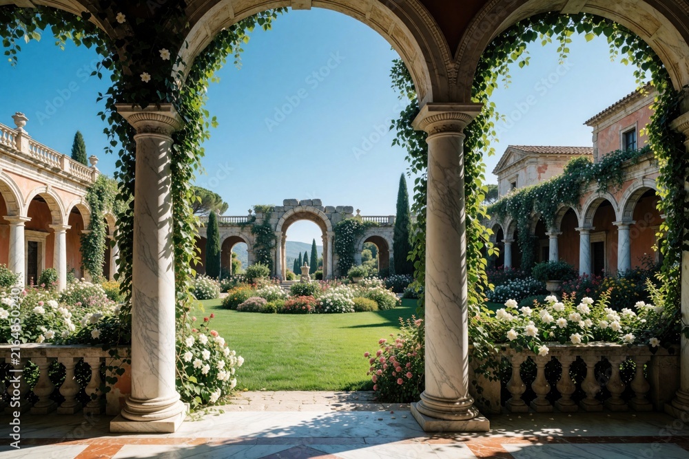 Fototapeta premium Exterior view of a grand Roman villa with rich gardens and blooming flowers. Arches and marble columns frame a peaceful courtyard overlooking manicured lawns and floral arrangements.