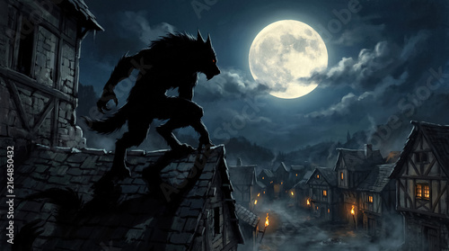 Monstrous werewolf crouching on a rooftop under a giant full moon overlooking a foggy medieval village.