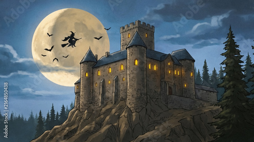 Vintage Halloween illustration of a spooky medieval castle on a rocky cliff with a flying witch, bats, and a giant full moon.