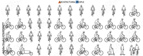 Architectural Cycling Figures Vector Illustration with People, Bicycles, Front View Riders, Elevation, Section and Floor Plan Elements for Urban Landscape Design