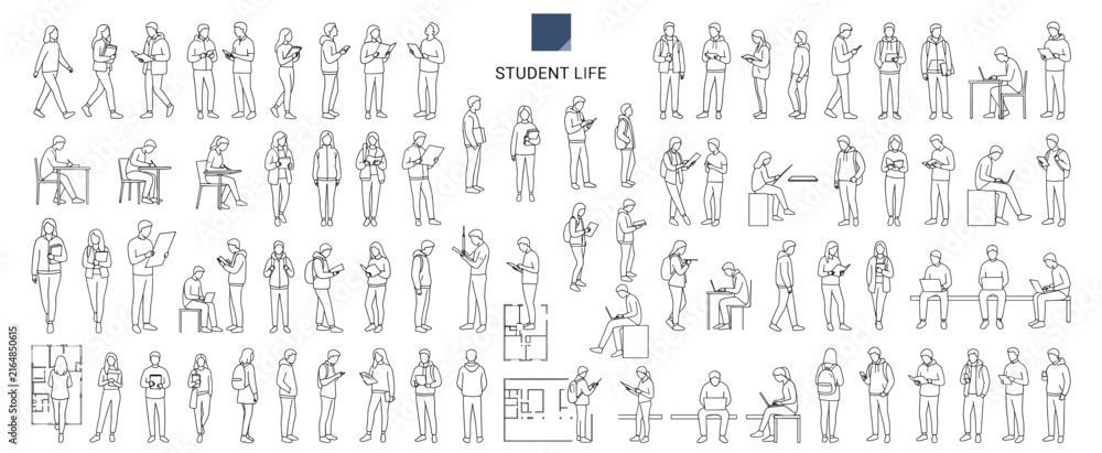 Fototapeta premium Architecture Student People Vector Illustration, Front View Hand Drawn Human Figures for Floor Plans, Elevations, Sections, University, Classroom and Architectural Drawing Projects