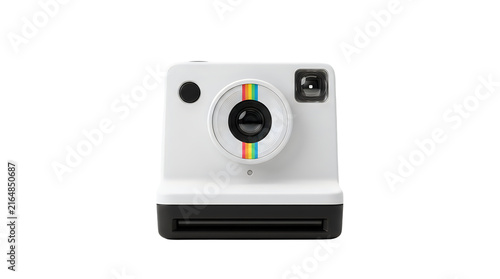 A front view of a white polaroid now instant camera with a colorful rainbow stripe design on the lens barrel, isolated on transparent background