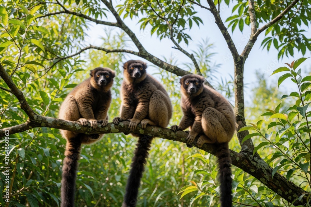 Naklejka premium Three brown lemurs sit on a tree branch in rich green jungle foliage. These primates look curious with large dark eyes, their bushy tails hang down. They appear relaxed in their natural habitat.