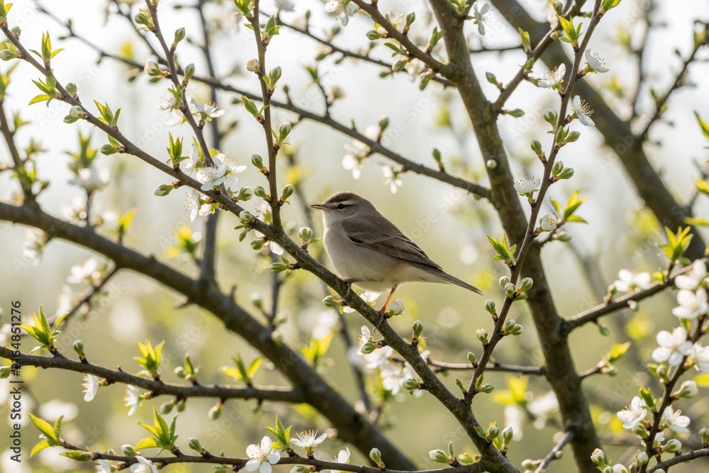 Obraz premium Lesser whitethroat bird sits on a blooming cherry tree branch during spring. Small avian wildlife rests among white blossoms and green buds. Nature scene shows detail of wild fauna.