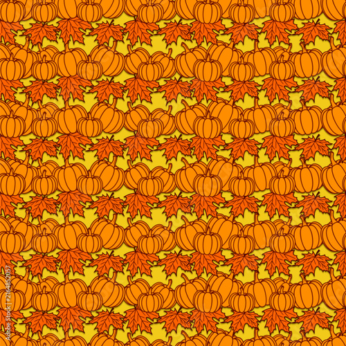An autumnal seamless pattern with Halloween-themed maple leaves and pumpkins on a bright yellow background. Vector illustration.