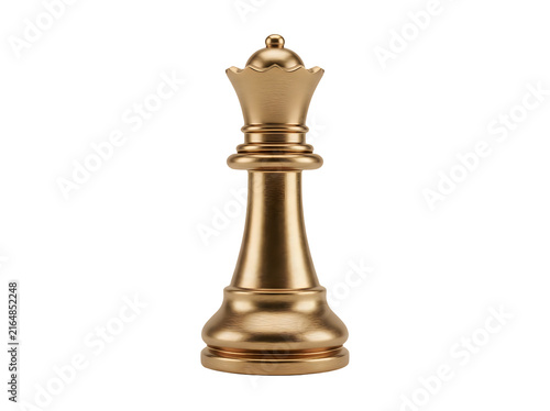 A single golden chess queen piece standing upright, isolated on transparent background