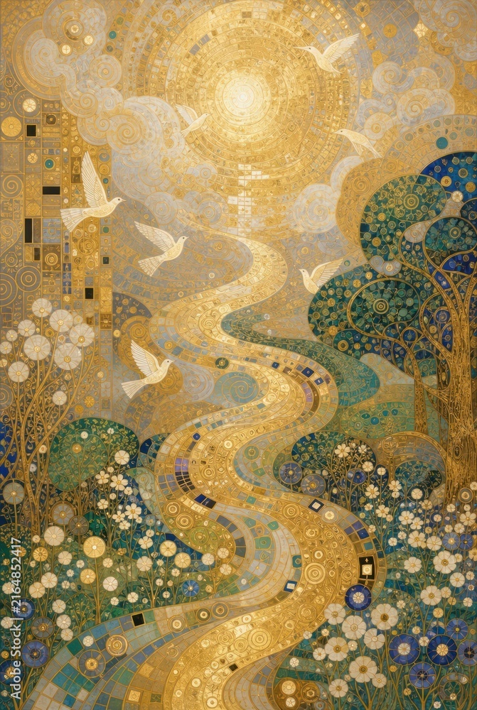 Fototapeta premium A golden, mosaic-style landscape with doves and a winding path.