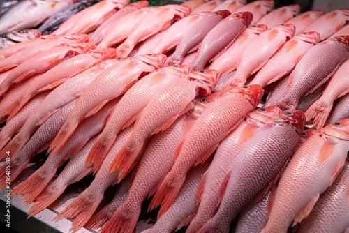 Fish market with many fresh salmons on ice display. Bright red, silver salmons laid horizontally, faces up. Salmons appear high-quality, ready for cooking consumption. Pro photo shows salmons as main