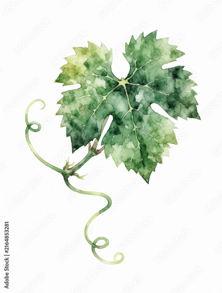 Fototapeta premium Green watercolor grape leaf with curling tendril isolated on white. Delicate painting depicts plant part with veins and texture. Ideal for organic food, wine or nature design elements.