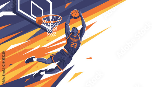Dynamic basketball action illustration of a male player dunking the ball in the hoop on navy and orange background.