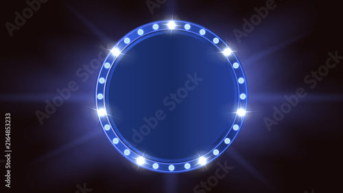 Blue Round Marquee Light Frame with Glowing Bulbs, Retro Circular Neon Sign, Blank Illuminated Theater and Casino Banner