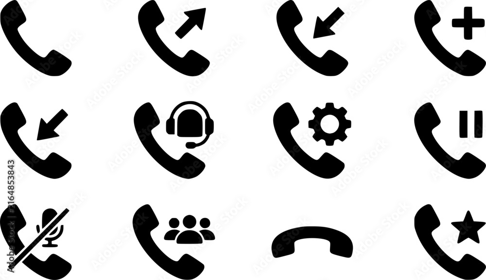 Fototapeta premium Telephone Handset Icon Set with Call, Contact, Customer Support and Communication Symbols 