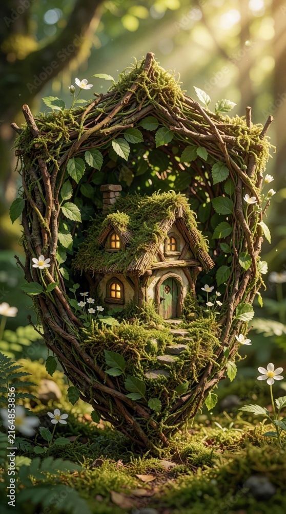Fototapeta premium Enchanting tiny cottage nestled in forest, encased by branch shield. Mossy roof, glowing windows, small stone stpic lead to green door. Whimsical nature abode.