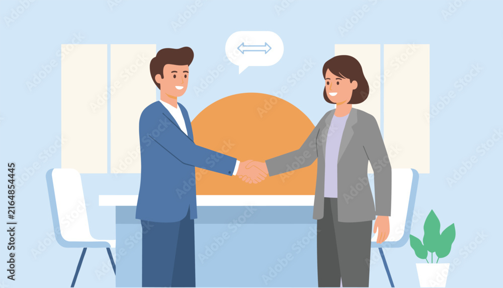 Obraz premium Handshake between a businessman in a blue suit and a businesswoman in a gray blazer inside a modern office room.