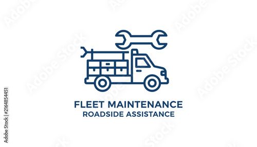 Line logo icon of a fleet maintenance service truck with a large wrench above it promoting professional roadside assistance.