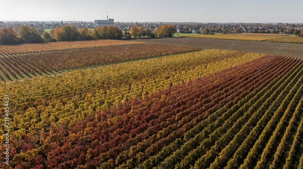 Fototapeta premium Aerial drone view of large vineyard during autumn season. Colorful grape vines in rows show red yellow, orange hues. Rural landscape with farm buildings, small town near horizon under bright sky.