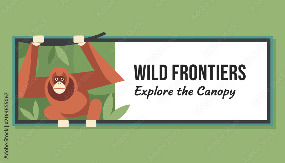 Fototapeta premium Wild frontiers banner template featuring cute cartoon orangutan hanging from a tree branch in the jungle.