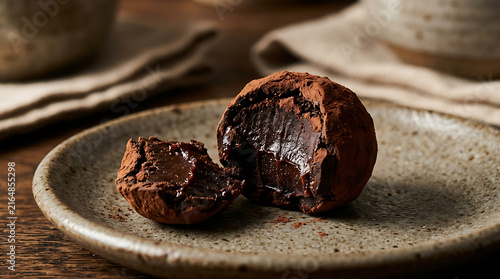 Rich chocolate truffles dusted with cocoa powder on a ceramic plate chocolate truffles confectionery indulgence homemade delicious appetizing lighting