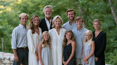 Multi-generational family posing outdoors during a sunny day with a soft bokeh background representing unity and heritage
