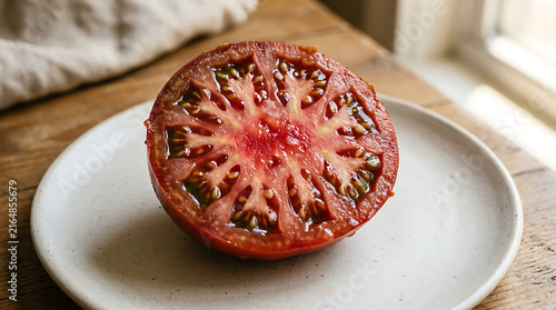 Fresh sliced ripe tomato revealing intricate inner seeds and rich red flesh on a white plate with vegetable nutrition ingredient delicious vitamins