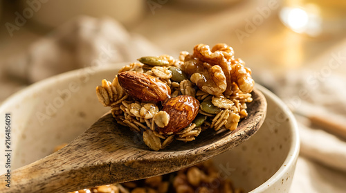 Homemade granola with nuts and seeds scooped on a wooden spoon over a bowl breakfast nutrition homemade ingredient sunlight