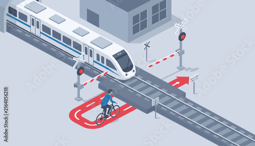 Isometric illustration of a cyclist safely making a U-turn at a closed railway crossing as a high-speed train passes.