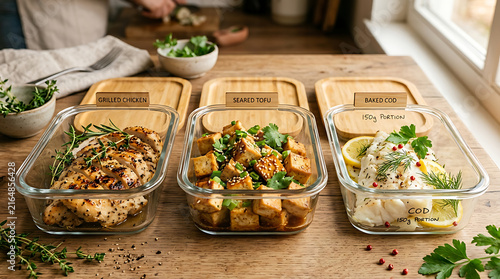 Glass meal prep containers with healthy dishes and wooden lids on a wooden surface containers nutrition vegetables lifestyle organization reusable