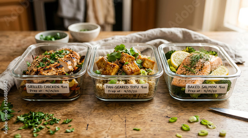 Three glass meal prep containers with healthy lunch options on a wooden table containers nutrition vegetables lifestyle organization reusable homemade