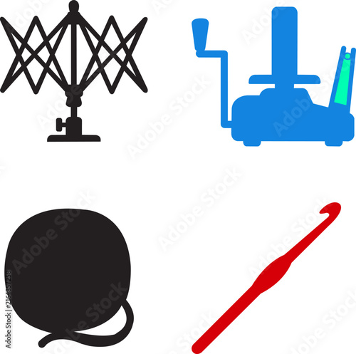 Foto Set of four flat featuring a black yarn swift, blue yarn ball winder, black yarn