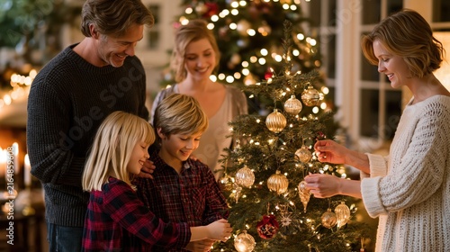 Smiling family decorating a glowing Christmas tree with warm bokeh lights during festive evening celebrations at home